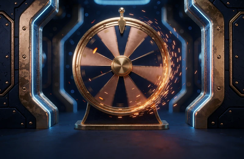 Guldfarvet pr&aelig;miehjul med navy og bronze segmenter og en gylden pil - symbol p&aring; Lucky Spins
