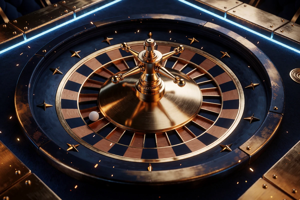 Roulettehjul i guld og navy med en hvid kugle p&aring; ydersporet - live casino hos JB Casino