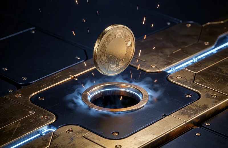 Guldm&oslash;nt over en rund bronze&aring;bning med bl&aring; lysring - illustration af indbetaling via My Wallet