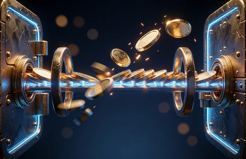 Str&oslash;m af guldm&oslash;nter gennem en bl&aring; energikanal med to metalporte - visualisering af coin-bytte med JBSwap